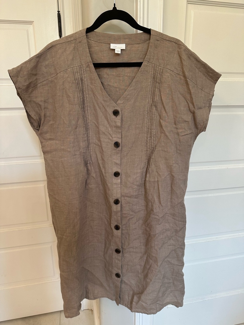 J. Jill Love Linen Button Front Shift Dress Womens M Tan Cap Sleeve Pintuck EUC